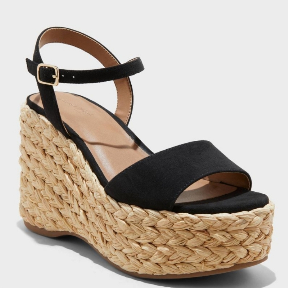 Universal Thread Black Suede Braided Espadrille Wedge Sandals